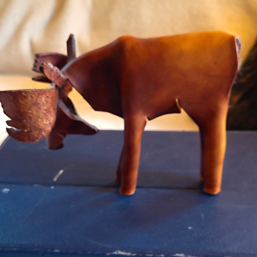 Leather Moose Animal Figurine Statue with Large Antlers - Decorative Collectible